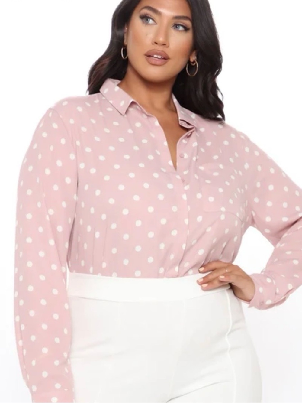 Polka Dot Button-Up Blouse in Blush Pink